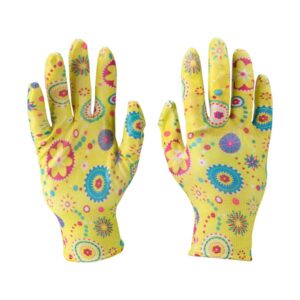 KERTI KESZTYŰ, VIRÁGMINTÁS, NYLON, MÉRET:  9` NITRILBE MÁRTOTT TENY. ÉS UJJHEGY., GUMÍROZOTT MANDZSETTA