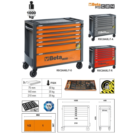RSC24AXL/7-R-7 FIÓKOS SZERSZÁMKOCSI BORULÁSGÁTLÓ RENDSZERREL, HOSSZÚ MODELL BETA RSC24AXL/7