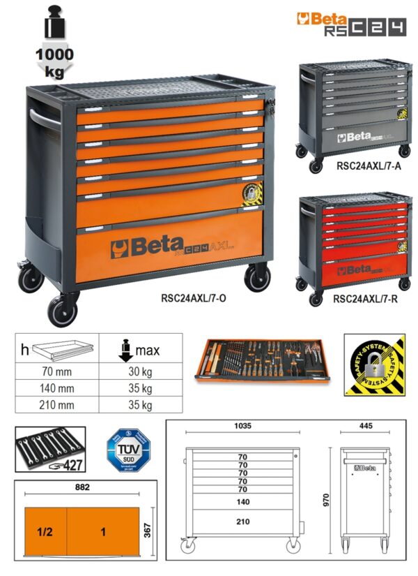 RSC24AXL/7-A-7 FIÓKOS SZERSZÁMKOCSI BORULÁSGÁTLÓ RENDSZERREL, HOSSZÚ MODELL BETA RSC24AXL/7