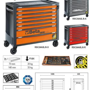 RSC24AXL/8-A-8 FIÓKOS SZERSZÁMKOCSI BORULÁSGÁTLÓ RENDSZERREL, HOSSZÚ MODELL BETA RSC24AXL/8