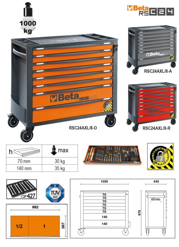 RSC24AXL/8-A-8 FIÓKOS SZERSZÁMKOCSI BORULÁSGÁTLÓ RENDSZERREL, HOSSZÚ MODELL BETA RSC24AXL/8