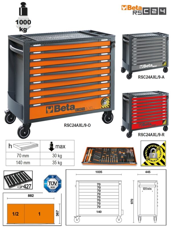 RSC24AXL/9-A-9 FIÓKOS SZERSZÁMKOCSI BORULÁSGÁTLÓ RENDSZERREL, HOSSZÚ MODELL BETA RSC24AXL/9