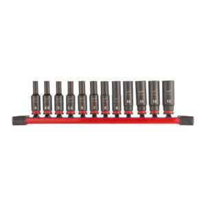 MILWAUKEE Gépi hosszú dugókulcs készlet tároló sínnel 12 részes 1/4" 4-13 mm CrMo