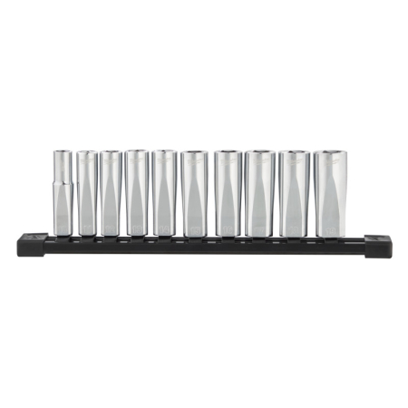 MILWAUKEE Hosszú dugókulcs készlet tároló sínnel 10 részes 3/8" 10-19 mm