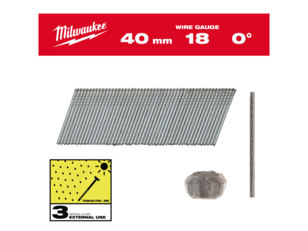 MILWAUKEE Finiselő szegek, fejnélküli, inox, 18G 0° SC3 - 1,05 x 1,25 x 40 mm (5000 db)