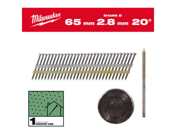 MILWAUKEE Szerkezetépítő szegek, kerekfejű, fényes, 20° SC1 - 2,8 x 65 mm (2000 db)
