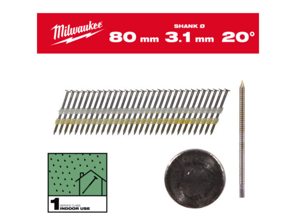 MILWAUKEE Szerkezetépítő szegek, kerekfejű, fényes, 20° SC1 - 3,1 x 80 mm (1750 db)