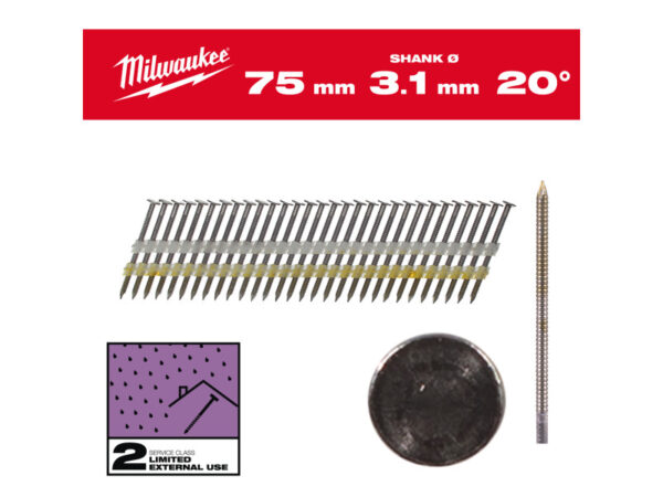 MILWAUKEE Szerkezetépítő szegek, kerekfejű, galvanizált 20° SC2 - 3,1 x 75 mm (1750 db)