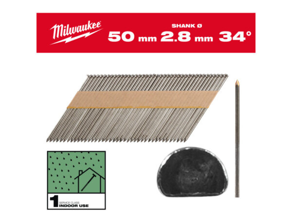 MILWAUKEE Szerkezetépítő szegek, D-fejű, fényes, 34° SC1 - 2,8 x 50 mm (2200 db)