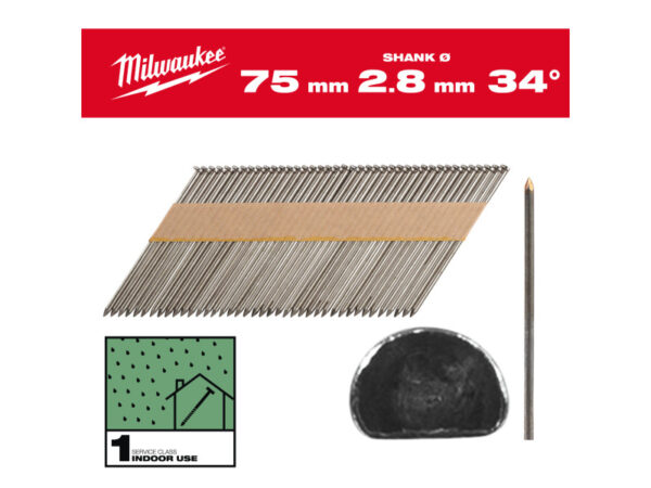 MILWAUKEE Szerkezetépítő szegek, D-fejű, fényes, 34° SC1 - 2,8 x 75 mm (2200 db)