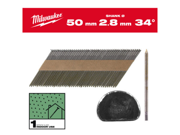 MILWAUKEE Szerkezetépítő szegek, D-fejű, fényes, 34° SC1 - 2,8 x 50 mm (2200 db)