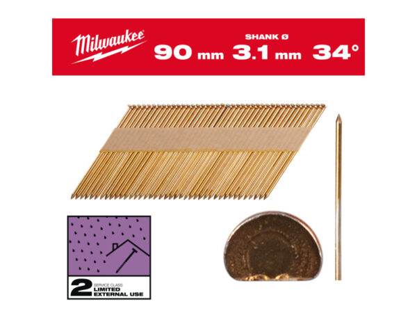 MILWAUKEE Szerkezetépítő szegek, D-fejű, galvanizált 34° SC2 - 3,1 x 90 mm (2200 db)