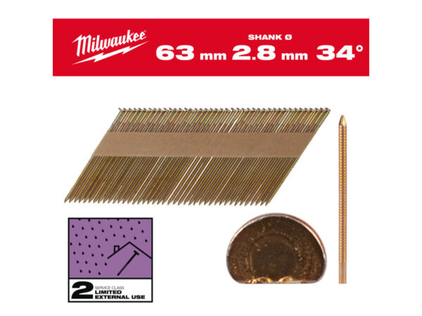 MILWAUKEE Szerkezetépítő szegek, D-fejű, galvanizált 34° SC2 - 2,8 x 63 mm (2200 db)