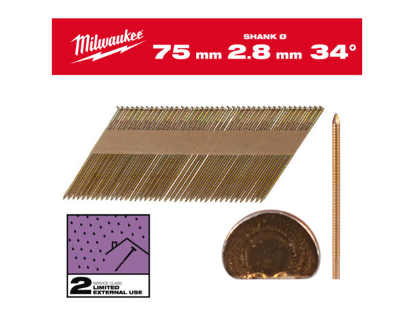 MILWAUKEE Szerkezetépítő szegek, D-fejű, galvanizált 34° SC2 - 2,8 x 75 mm (2200 db)