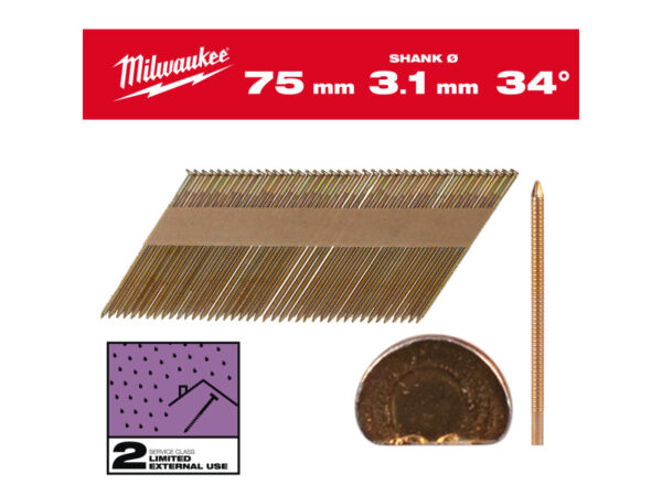 MILWAUKEE Szerkezetépítő szegek, D-fejű, galvanizált 34° SC2 - 3,1 x 75 mm (2200 db)
