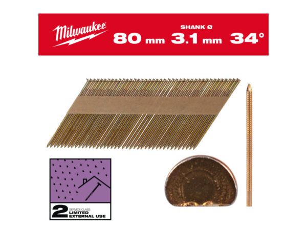 MILWAUKEE Szerkezetépítő szegek, D-fejű, galvanizált 34° SC2 - 3,1 x 80 mm (2200 db)