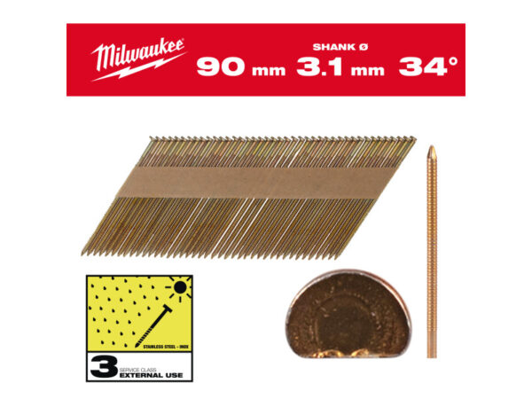 MILWAUKEE Szerkezetépítő szegek, D-fejű, tüzihorganyzott 34° SC3 - 3,1 x 90 mm (2200 db)