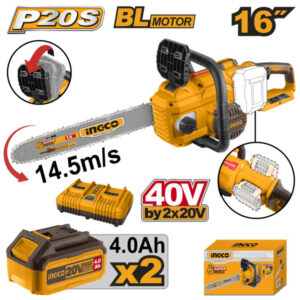INGCO Akkus láncfűrész 400 mm szénkefe nélküli 2 x 20 V (2 x 4,0 Ah akku + töltő)