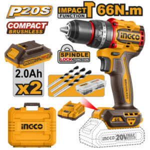 INGCO Akkus ütvefúró-csavarozó 66 Nm szénkefe nélküli 20 V (2 x 2,0 Ah akku + töltő)