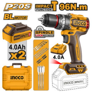 INGCO Akkus ütvefúró-csavarozó 96 Nm szénkefe nélküli 20 V (2 x 4,0 Ah akku + töltő)