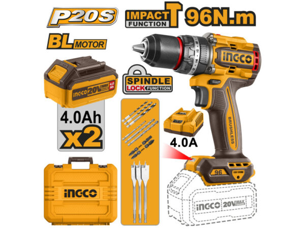 INGCO Akkus ütvefúró-csavarozó 96 Nm szénkefe nélküli 20 V (2 x 4,0 Ah akku + töltő)