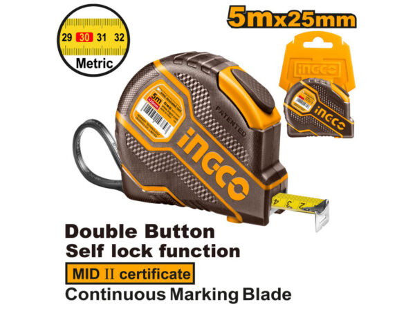 INGCO Mérőszalag 5 m x 25 mm gumírozott