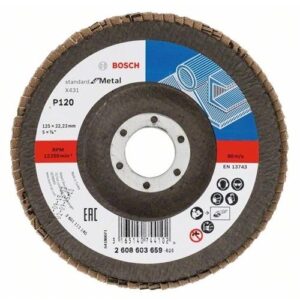 BOSCH LAMELLÁS TÁRCSA 125X22.23 MM P120 FÉMHEZ ALOX X431 KÚPOS ÜVEGSZÁL